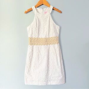 Lilly Pulitzer Ashlyn Shift Dress in White & Gold Lace Trim Size 00